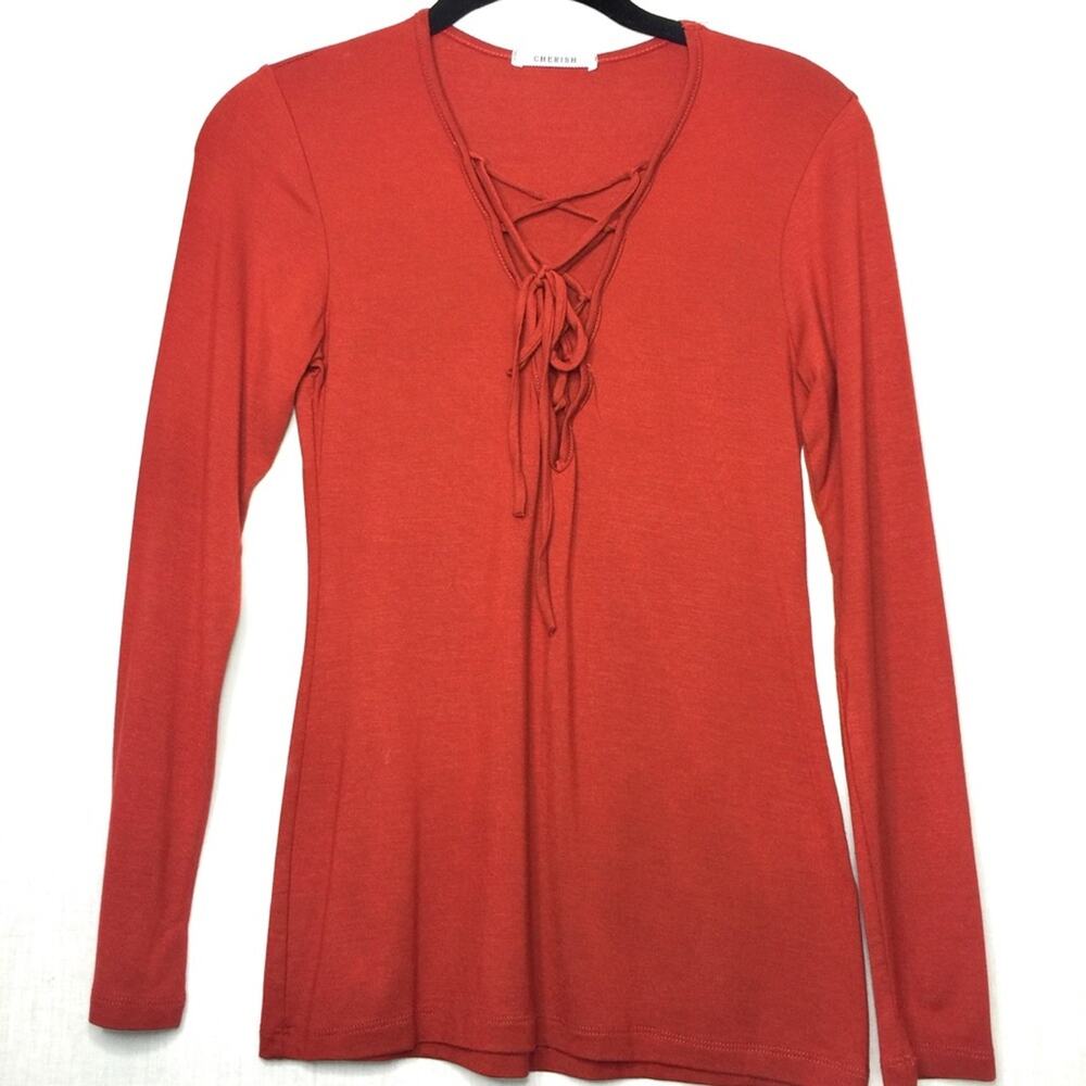 Cherish Red Lace Up Front Long Sleeve Top Size Medium